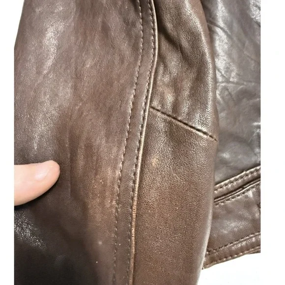 Fossil Brown Leather Cropped lamb leather Jacket Womens Trucker Button Front - Picture 6 of 9